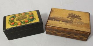 2 X Vintage Boxes: 1 X Wood Marquetry Playing Card Box & 1 X Mauchline Ware Type