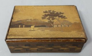 2 x vintage boxes: 1 x Wood Marquetry Playing Card Box & 1 x Mauchline Ware Type 5