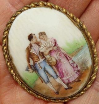 Antique Victorian Hand Painted Celluloid? Portrait Brooch Pin Na83