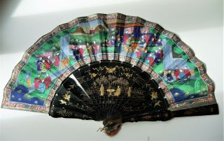 Chinese Mandarin Painted 100 Faces Fan With Lacquer With Box - C19th.