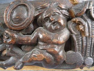 18th Century Oak Carved Gothic Rail With Cherubs Scrolling Leaves