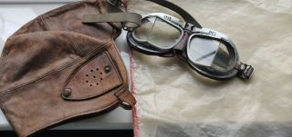 Vintage Antique Motorcycle Helmet Brown Leather With Goggles.