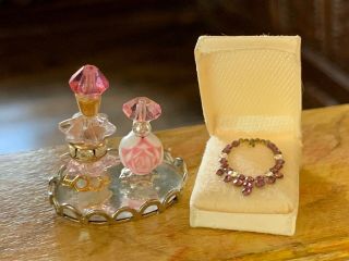 Vintage Artisan Miniature Dollhouse Vanity Perfumes Boxed Crystal Necklace Tray