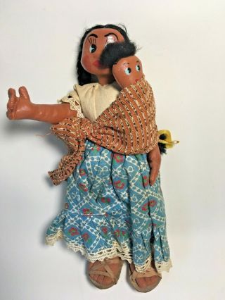 Folk Art Oil Cloth Doll Woman With Baby Mexican Peruvian ? Vintage Handmade Toy