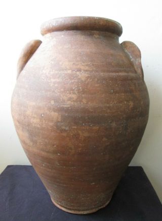 Large Rare Antique Ovoid Form American Redware Pottery Jar With Lug Handles