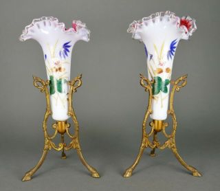 Fine Pair Antique French Cased Art Glass Enamel Decorated Gold Ormolu Vase