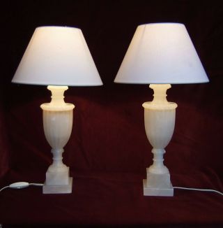 Pair Antique French Neo Classical Carved Marble Alabaster Table Lamps,  Lights.
