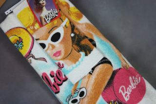 Vintage 90 ' s Barbie Bath Towel Two Piece Set Cotton Blend USA Made Wash Cloth 2
