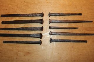 10 Antique Wrought Iron Nails Meat/beam Hand Forged Blacksmith Made 4 " - 6 1/4 "