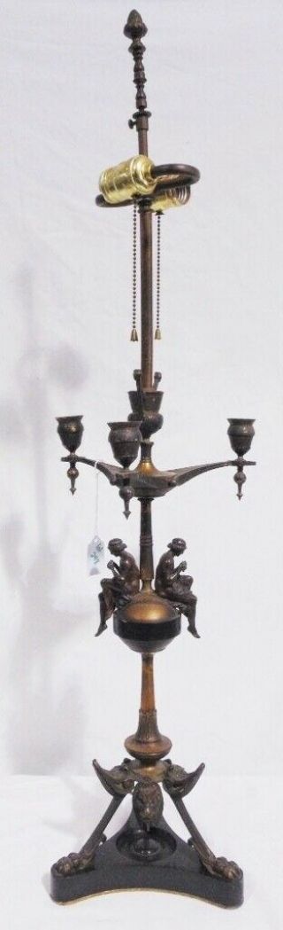 19th C.  Egyptian / Gothic Revival Bronze & Marble Figural Candelabra,  Now Lamp