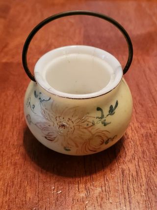 Antique Heavy 3 Footed Porcelain Hand Painted Salt Cellar With Handle