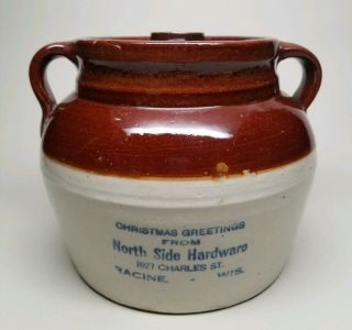 North Side Hardware Racine Wis Red Wing Christmas Bean Pot Advertising Stoneware