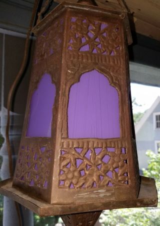 Antique Art Nouveau Gothic Brass Hanging Ceiling Fixture w/Purple Glass Panels 2