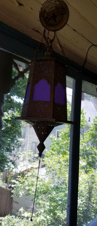 Antique Art Nouveau Gothic Brass Hanging Ceiling Fixture w/Purple Glass Panels 3