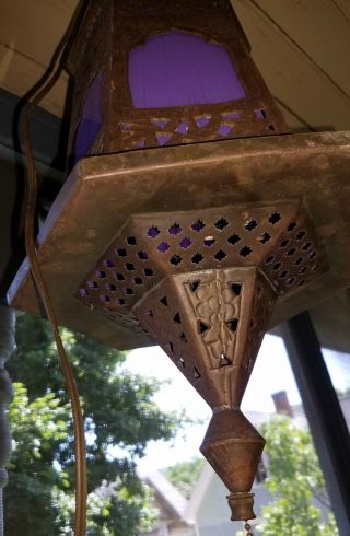 Antique Art Nouveau Gothic Brass Hanging Ceiling Fixture w/Purple Glass Panels 4