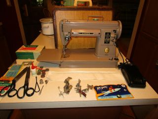 SINGER sewing machine 301A long bed mauve case feet accessories 1953 VGC 2