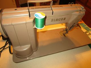 SINGER sewing machine 301A long bed mauve case feet accessories 1953 VGC 5
