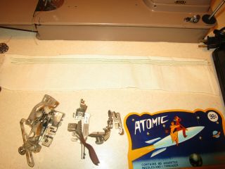 SINGER sewing machine 301A long bed mauve case feet accessories 1953 VGC 7