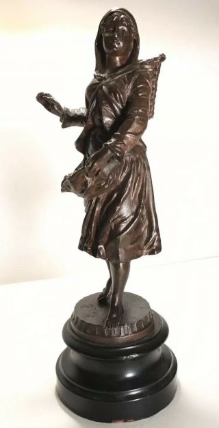 Antique Bronze Spelter Statue French Country Girl Harvesting Grapes 11.  5” 1890