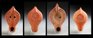 Sc Roman Pottery Christian Terracotta Oil Lamps,  4th.  - 5th.  Century