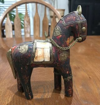 Unique Estate Vintage Hand Carved Wooden Horse Statue Inlaid W/brass And Copper
