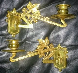 Pair (2) Of Antique Art Nouveau Brass Wall Candle Sconce Holders Reg.  D.  528321
