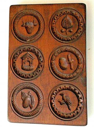 Antique Hand Carved Wood Folk Art Round Pats Butter Mold Birds Fruit Cow