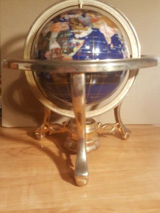 Tabletop Rotating Lapis And Brass 10in Tall World Globe With Compass On Stand