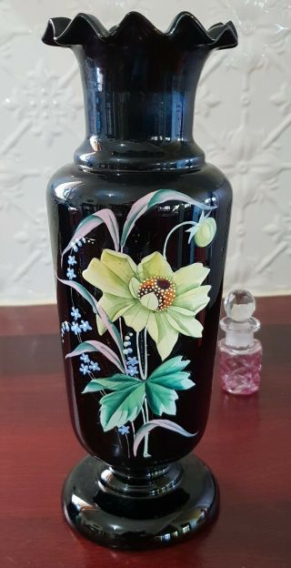Victorian Black Glass Mantle Vase Enamel Flower Decoration Frilled Rim