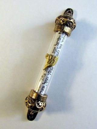Jewish Mezuzah Gold Antique Style Royal Crown Clear Cylinder Shaddai & Scroll
