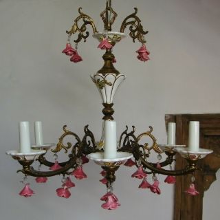 Vtg Italian Chandelier Ceiling Light Porcelain Roses Flowers Bronze Capodimonte