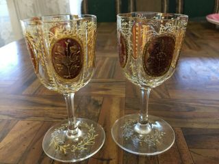 Antique Bohemian Crystal Glass Hand Painted & Gilded Laurel Pair Shot Glasses