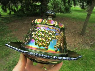 Northwood Grape & Cable Antique Carnival Art Glass Covered Butter Dish Green