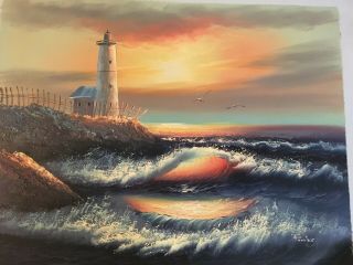 Vintage Ocean Light House Oil Painting On Canvas Unframed 12x16 Signed Fowler