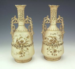 Antique Ernst Wahliss China Pierced Flower Painted Vases - Art Nouveau