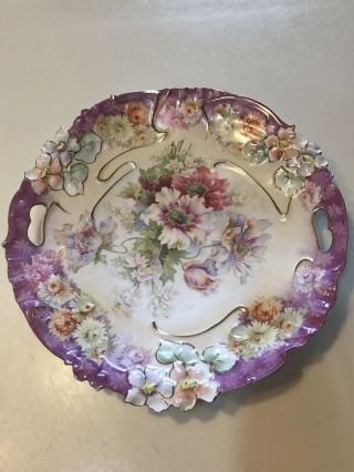 Antique R.  S.  Prussia Lavender Floral Cake Plate Cut Out Handles Unmarked 10 " 3d
