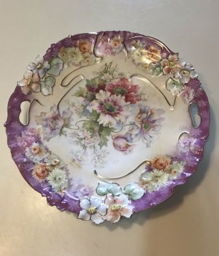 ANTIQUE R.  S.  PRUSSIA LAVENDER FLORAL CAKE PLATE CUT OUT HANDLES UNMARKED 10 