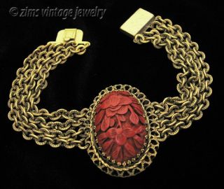 Antique Chinese Art Deco Carved Red Cinnabar Floral Brass Filigree Link Bracelet