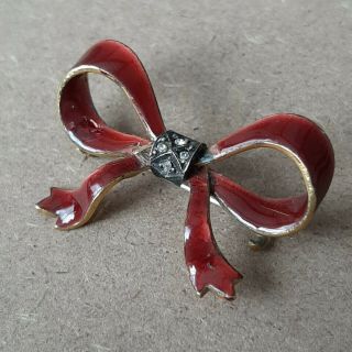 Antique Victorian Red Enamel Silver Diamond Paste Bow Brooch Vintage Jewellery