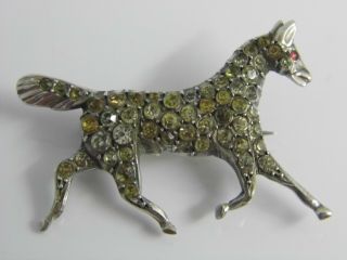 An Exquisite Antique 900 Solid Silver Paste Stone & Ruby Set Horse Brooch