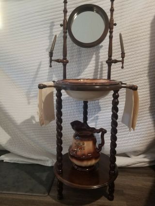 Vintage Antique Wash Basin Stand W/mirror,  Pitcher,  Bowl,  Candles & Hand Towels
