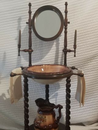 Vintage Antique Wash Basin Stand w/Mirror,  Pitcher,  Bowl,  Candles & Hand Towels 5
