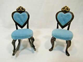 Vintage Tufted Blue Velvet Wood Rocking & Parlor Chairs Dollhouse Miniatures (2)