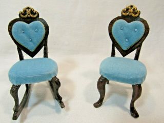 Vintage Tufted Blue Velvet Wood Rocking & Parlor Chairs Dollhouse Miniatures (2) 2