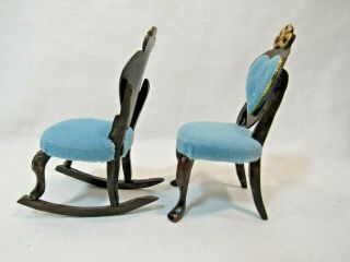 Vintage Tufted Blue Velvet Wood Rocking & Parlor Chairs Dollhouse Miniatures (2) 3