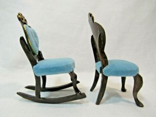 Vintage Tufted Blue Velvet Wood Rocking & Parlor Chairs Dollhouse Miniatures (2) 5