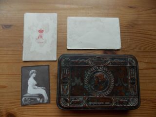 Antique Ww1 Princess Mary Brass Gift Tin With Photo & Christmas Card.