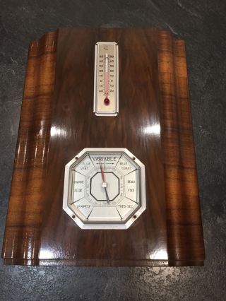 Antique French Wooden Art Deco Barometer Thermometer 1920