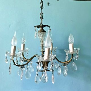 Stunning Antique French Large Heavy Brass & Crystal Glass 5 Light Chandelier