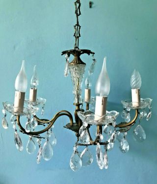 Stunning Antique French Large Heavy Brass & Crystal glass 5 Light Chandelier 2